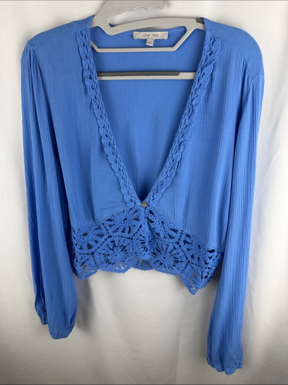 Love Tree Periwinkle Blue V-Neck Knit Top with Crochet Trim